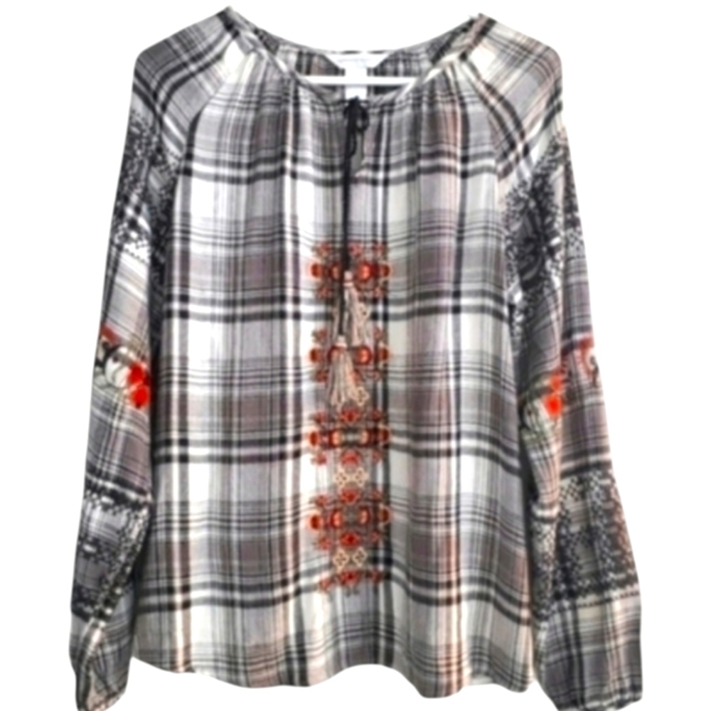 Christopher % Banks  Plaid Embroidered Top